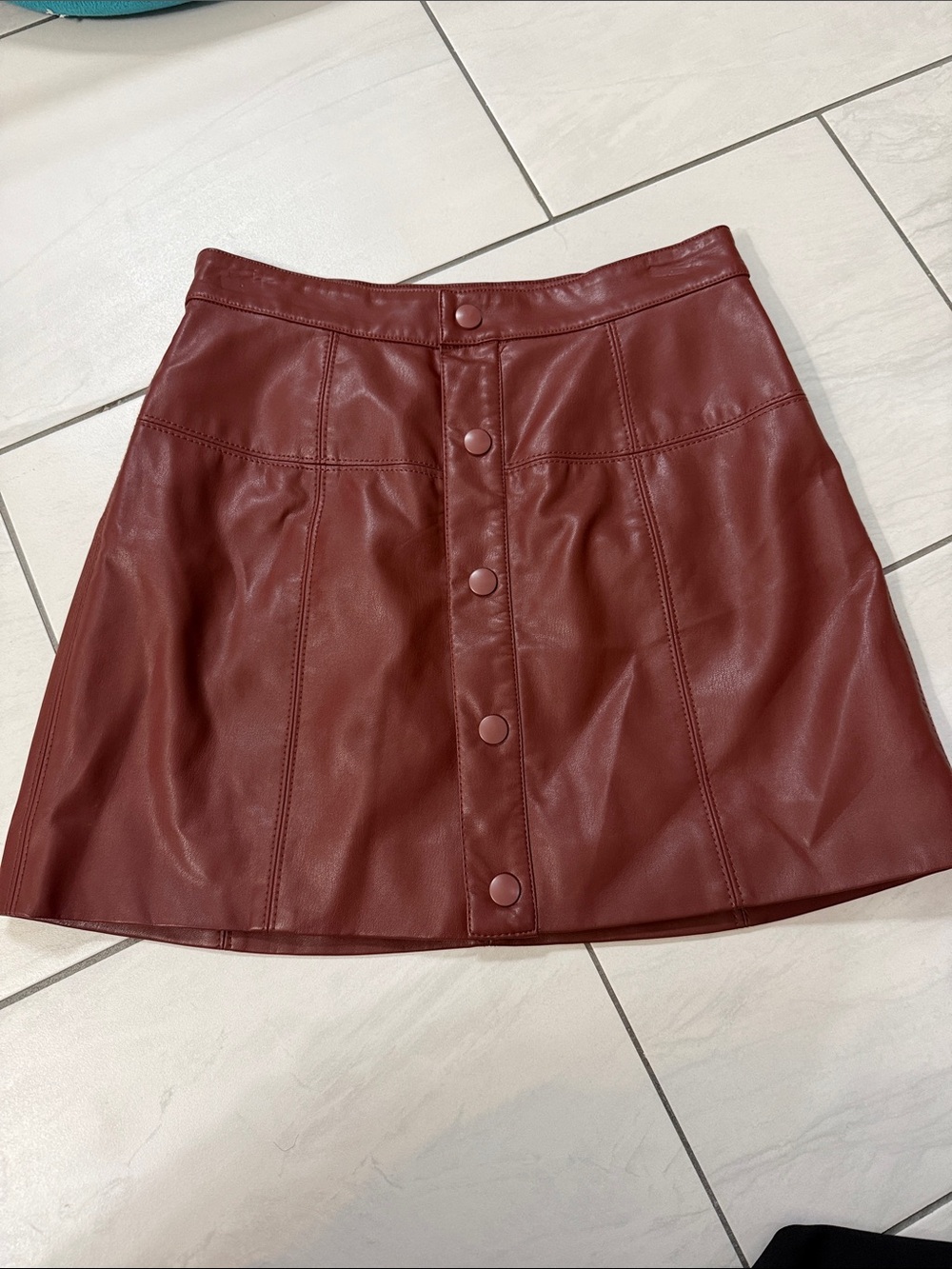 Free People Button-Front Faux Leather Mini Skirt - brown-Burgundy